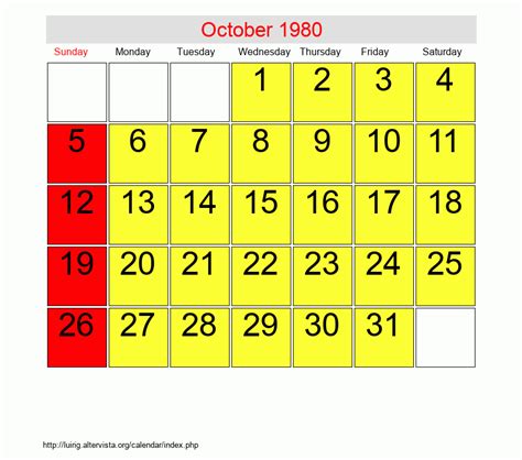 October 1980 Calendar